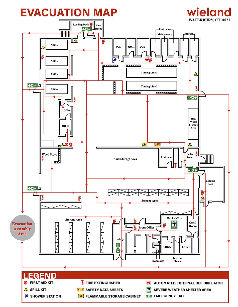Plant evacuation map with egress routes and equipment legend