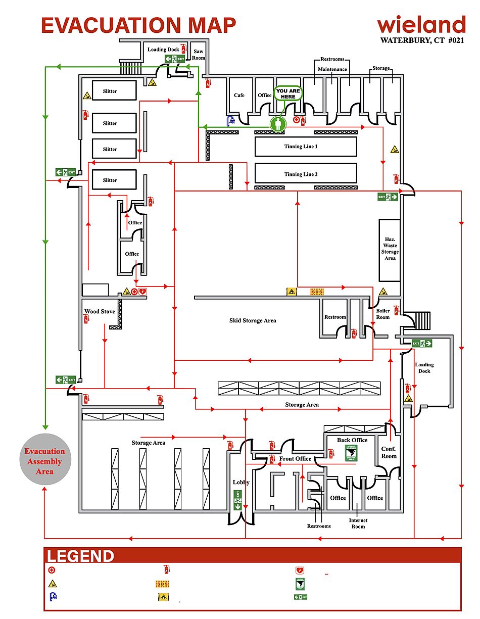 Evacuation map, cafe wall version, with YOU ARE HERE and its route in green