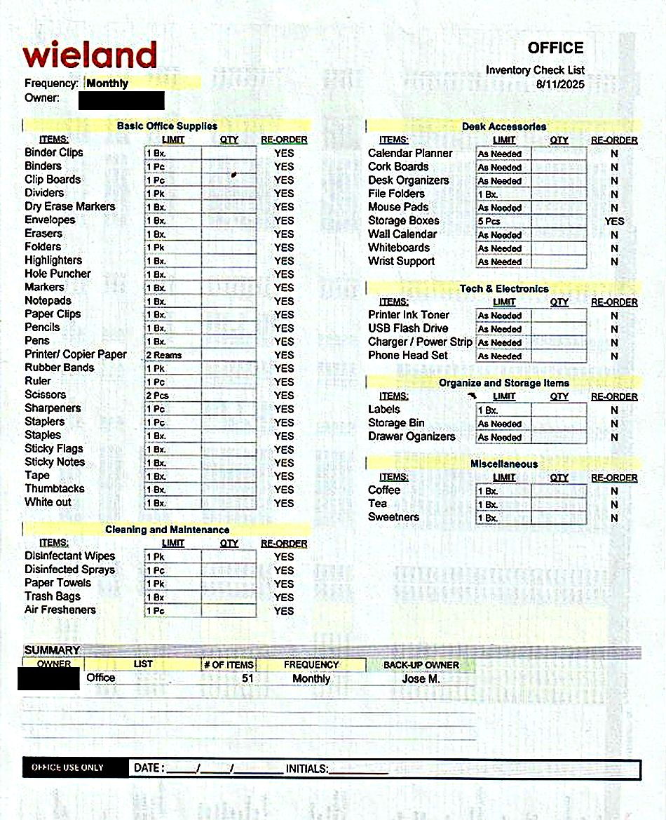 Office inventory check list, side one