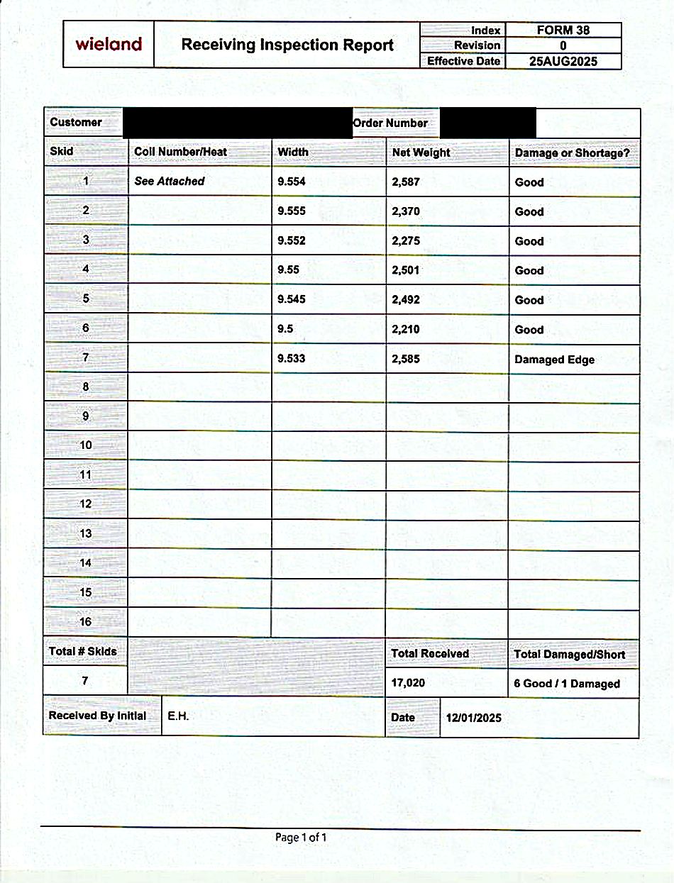 Receiving inspection report, Form 38