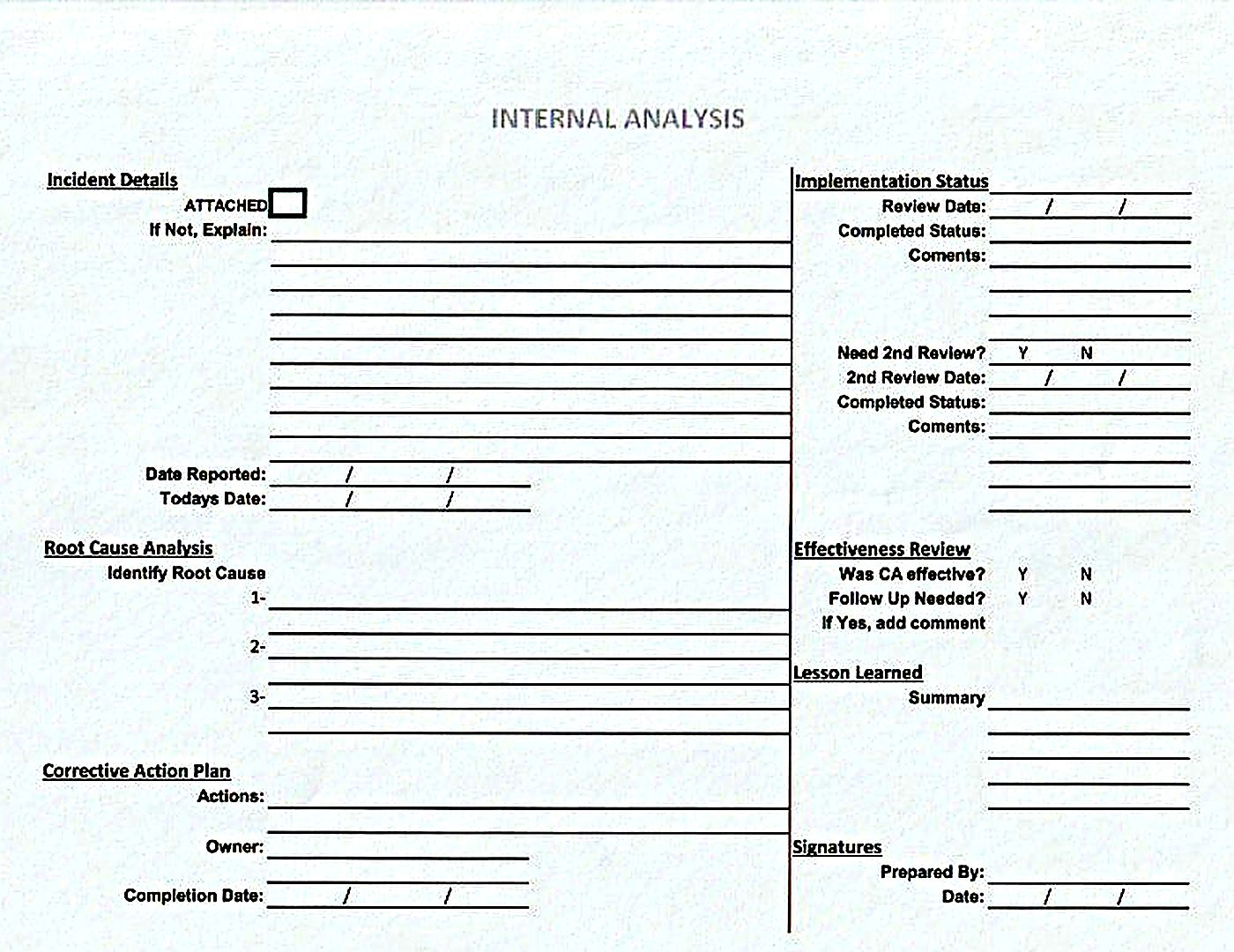 Internal analysis form for incident root cause and corrective action